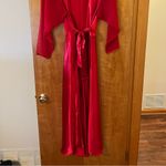 Natori  Red Long Robe With Black Lace At Shoulders On Sleeves Sexy Vintage Large Photo 1