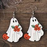 White Ghost Pumpkin Pattern Dangle Halloween‎ Earrings Wooden Jewelry Photo 6