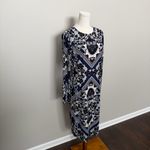 Maggy London Dress Midi Floral Sheath Long Sleeve Lined Cocktail Travel Blue Photo 1