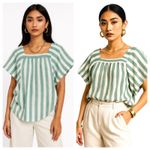 BeachLunchLounge  Striped Linen Blend Top Square Neck‎ Green White Sz S Coastal Photo 1