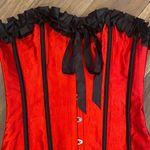None Ruby Red Steel Bonded Satin Ribbon Overbust Ruffle Waist Trainer Corset … Photo 8