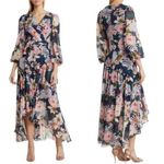Eliza J Floral Long Sleeve High Low Faux Wrap Midi Dress Navy Size 6 NWT Photo 1