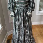 Vintage 1970s Handmade Dark Green Pink Floral Lace Prairie Maxi Dress Size Small Photo 11