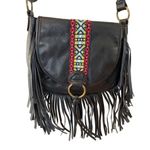 Arizona Jeans Arizona Jean Co Black Faux Leather Crossbody Bag Fringe / Boho Embroidered M Siz Photo 1