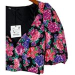 ZARA NWT  Floral Cropped Top Plunging Neck Puff Half Sleeves S Black Pink Purple Photo 2