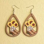 Western Retro Personality Cowboy Boots Sunflower Earrings Wooden Water Drop‎ Photo 3