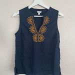 J.Crew  Women's Navy Blue Sleeveless Embroidered Linen Blend Top Size 4 Boho Chic Photo 1