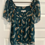 Loft Square Neck Top Green Brown Feather Print Size S Photo 0