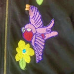 Embroidered Birds Floral Artisanal Zip Up Hoodie size Medium Black Photo 2