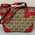 Michael Kors Brown Tan Beige Red Leather Logo Print Designer Satchel Handbag Purse Pocketbook Bag ♥️✨ Photo 3
