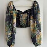 Lulu’s Floral Puff Sleeve Corset Crop Top, Smocked Sweetheart Blouse, Small Black Photo 12