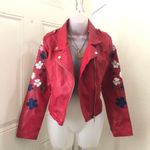 New Look Y2K Red PU leather moto biker bomber motorcycle jacket blue white floral embroidery silver zip-up front pockets #western #boho #fairygrunge #cottagecore #stagecoach hippie indie Size M Photo 0