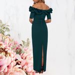 XScape Women's Isla Long CREPE OFF THE SHOULDER Green RUFFLE Dress Plus Sz 20 Photo 1