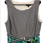 Madison Leigh  Blue White Plus Size Striped and Floral Belted Stretchy Midi Dress Photo 2