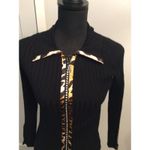 Beldini Black Ribbed Knit Rhinestone and Animal Print Zippered Top Small Photo 3