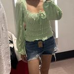 Free People  XS Womens Green Smocked Tie Front Crop Long Sleeve Blouse Photo 0