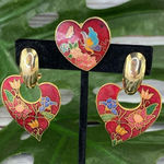 Vintage 70s Chunky Floral Heart Stained Glass Look Earrings Brooch Set Red Multi Red Photo 0