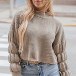 Miou Muse Beige Detail Sleeve Mock Neck Cropped Sweater Photo 0