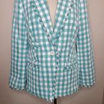 CeCe  Tweed Checkered‎ Fringe Pockets Green White Blazer Jacket Size 10 Photo 2