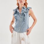 ZARA Blue Ruffled Denim Top MEDIUM NEW Photo 3