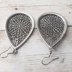 Large Silver Tone Ornate Dangle Earrings with Green Gems Photo 2