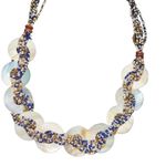Mother of Pearl Disks Braided With Gold Blue & White Seed Bead Long Necklace Blue Photo 7