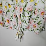 Lily White Blouse Floral Print Top Yellow Pink Green V-Neck Tie Front Casual Photo 2