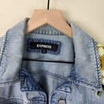 EXPRESS  Women's Light Blue Distressed Denim Jacket with Floral Embroidery | XL Photo 1