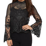 Bold Elements Bold Element Lace Blouse Crochet Top Black Gold Zip Back Long Size Large Floral Photo 0