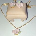 Tiny Vintage Trinket Box Ceramic Pink Floral Necklace & Earring Set Photo 0