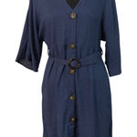 Everly  Blue Button Front Belted Midi Dress Rayon V Neck Size M Career Casual Photo 0