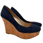 Boston Proper  Navy Blue Leather Pammy Wedge Platform Cork Heels Size 9.5 Photo 0