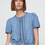 Gap Top Lace Trim Puff Sleeve Light Wash Denim Size M Boho Cottagecore Photo 0