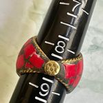 Tribal Nepalese Mosaic Ring – Coral & Lapis Inlay, Brass Setting Red Photo 9