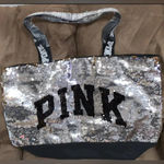 Victoria's Secret VS PINK TOTE 15” SHIMMERING FLIP SEQUINS SILVER/GOLD TAKE ANYWHERE TOTE SUPER !! Photo 7