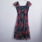 Baltic Born Clementine Dark Green Floral Smocked Tulle Midi Dress Photo 5