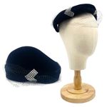 Vintage 1950s Black Velvet Evening Hat Beret Cap Rhinestone Clip With Mesh Veil Photo 9