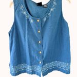 Erika Dusty Blue Linen Embroidered Sleeveless Shell Tank Top Size L Cottagecore Photo 1