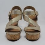 Womens Metallic Gold Glossy Open Toe Buckle Slingback Wedge Heel Sandals Size 8M Photo 2