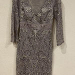Sue Wong Nocturne Dress Womens 2 Gray Beaded Lace Cocktail Party Sheath Knee Photo 0