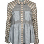 Dress Up Striped Plaid Peplum Button Up Shirt Cottagecore Women Size Small Photo 0