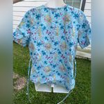 Disney Light Blue Tinkerbell Scrub Top with Floral Accents Photo 2