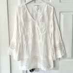 La Blanca  White Embroidered Eyelet V Neck Swim Cover Up Dress Small Bell Sleeves Photo 0