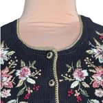 Black Dark Floral Embroidered Cardigan Sweater Ramie Cotton Button Front Large Photo 1
