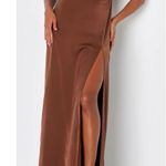 Lulus Women’s Brown Satin Maxi Dress Size Small Spaghetti Strap Slit NWT Photo 6