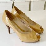 Fendi Patent Leather Zucchino Logo Heel Peep Toe Platform Pumps Beige Size 36.5 Photo 0