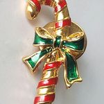 Avon Candy Cane Pin Lapel Gold Tone Red Green Enamel Christmas Bow Small Photo 2