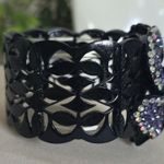 Vintage Wide Black Metal Bracelet with Jeweled Orchid Flower Purple Photo 2