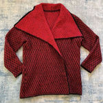 Chico's Red Black Jacquard Open Front Wool Blend Jackie Cardigan Photo 0