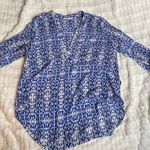 Lush Clothing LUSH Patterened 1/2 Sleeve Rolled V Neck Top Blue White Small Blouse Office Work Photo 0